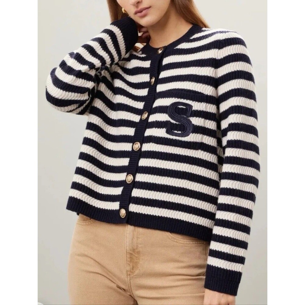 Sandro Paris Striped Knit Cardigan with 'S' Patch